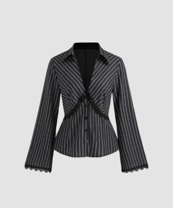 Lace Trim Collared Neck Full Sleeve Striped Shirt in Black