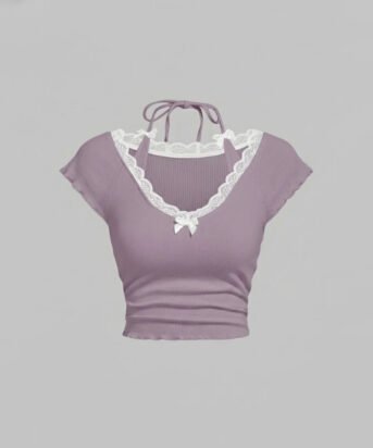 Lace Trim Halter Tie Neck in Lilac