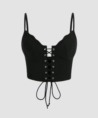 Lace Up Front Cami Top In Black