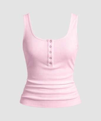 Light Pink Ribbed Scoop Neck Tank Top with Buttons