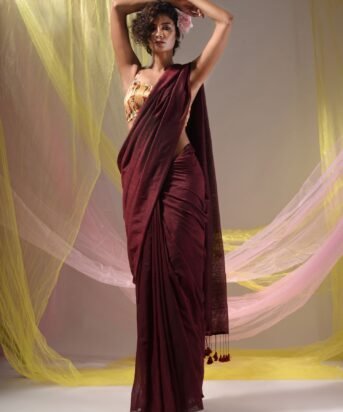 Women's Maroon Cotton Handspun Soft Saree With Pompom