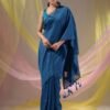 Women's Yale Blue Cotton Handspun Soft Saree With Pompom