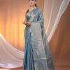 Women's Blue Tissue Soft Saree With Pompom