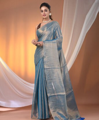 Women's Blue Tissue Soft Saree With Pompom