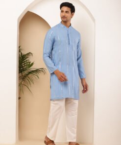 Men's Blue Cotton Solid Kurta