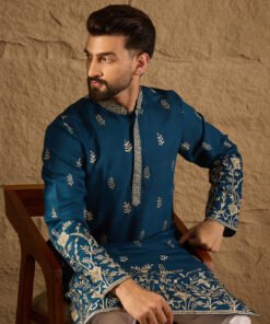 Men's Blue Vertican Solid Embroidered Straight Kurta