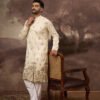 Men's Ethnic Bay White Silk Blend Solid Embroidered Straight Kurta