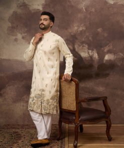 Men's Ethnic Bay White Silk Blend Solid Embroidered Straight Kurta