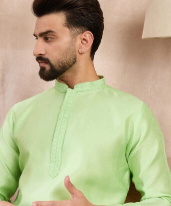 Men's Green Silk Blend Solid Embroidered Straight Kurta