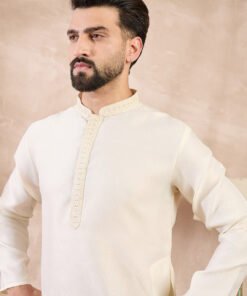Men's Off White Silk Blend Solid Embroidered Straight Kurta