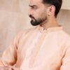 Men's Peach Silk Blend Solid Embroidered Straight Kurta