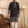 Men's Black Silk Blend Solid Embroidered Straight Kurta