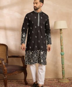 Men's Black Silk Blend Solid Embroidered Straight Kurta