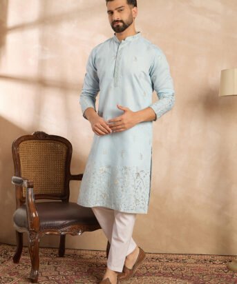 Men's Blue Silk Blend Solid Embroidered Straight Kurta