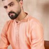 Men's Peach Silk Blend Solid Embroidered Straight Kurta