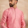Men's Pink Polyester Solid Embroidered Straight Kurta