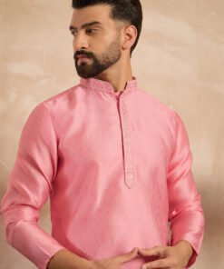 Men's Pink Polyester Solid Embroidered Straight Kurta