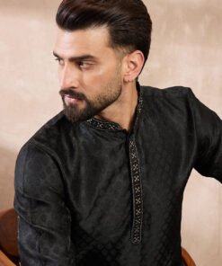Men's Black Silk Blend Solid Woven Design Straight Kurta