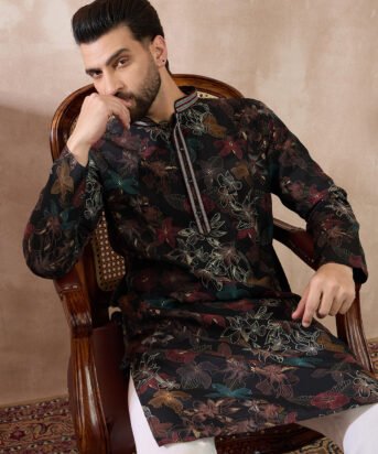 Men's Black Silk Blend Printed Mandarin Collar Straight Kurta
