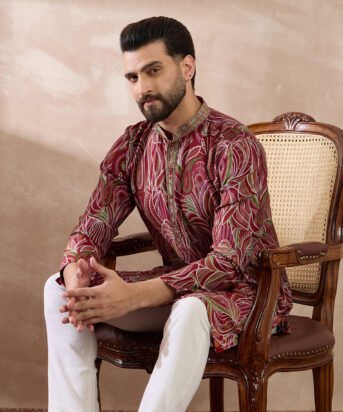 Men's Red Silk Blend Printed Mandarin Collar Straight Kurta