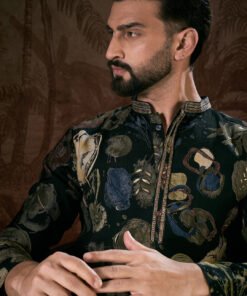 Men's Black Silk Blend Floral Printed Straight Kurta