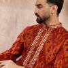 Men's Orange Silk Blend Chevron Printed Straight Kurta