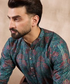 Men's Blue Silk Blend Floral Printed Straight Kurta