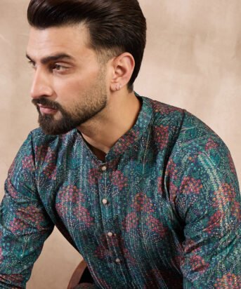 Men's Blue Silk Blend Floral Printed Straight Kurta