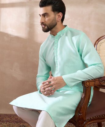 Men's Teal Polyester Woven Design Mandarin Collar Straight Kurta