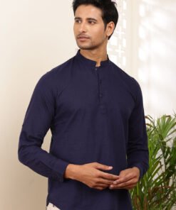 Men's Blue Cotton Solid Kurta