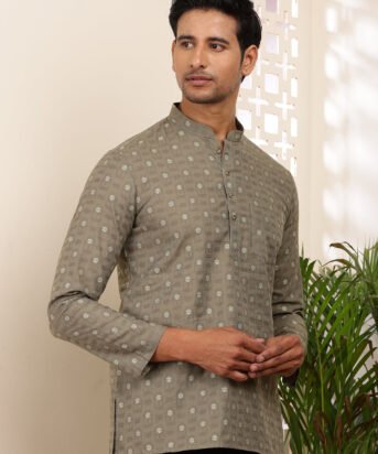 Men's Olive Cotton Embroidered Kurta