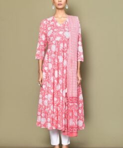 Women's Cotton Floral Print Anarkali Kurta With Dupatta