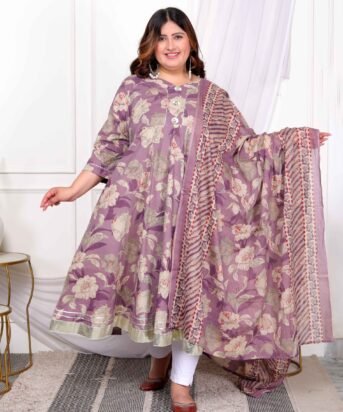 Women's Purple Flower Printed With Beautiful Lace Border Details Anarkali Kurta With Dupatta Set