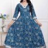 Women's Blue Cotton Embroidered Neck Anarkali Kurta