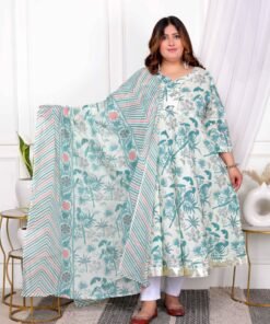Women's Light Green Cotton Birds And Leaf Floral Printed And Lace Border Details Anarkali Kurta And Dupatta Set