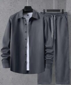 Men Casual Solid Long Sleeve Shirt and Pants Set