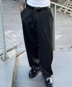 Men High-Waist Pleated Relaxed-Fit Trousers in Black