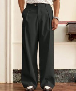 Men High-Waist Tailored Straight-Leg Trousers in Black