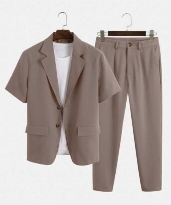 Men Solid Color Autumn Streetwear Short Sleeve Blazer & Pants In Brown