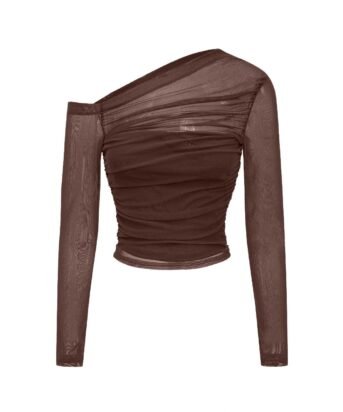 Mesh Asymmetrical Long-Sleeve Top In Coco Brown