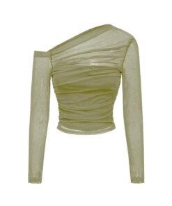 Mesh Asymmetrical Long-Sleeve Top In Herbal Green