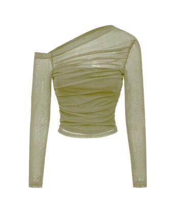 Mesh Asymmetrical Long-Sleeve Top In Herbal Green