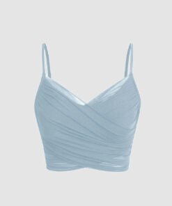 Mesh V-Neck Ruched Strappy Dusty Blue Crop Top