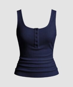 Navy Blue Ribbed Scoop Neck Tank Top with Buttons