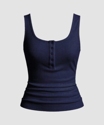 Navy Blue Ribbed Scoop Neck Tank Top with Buttons