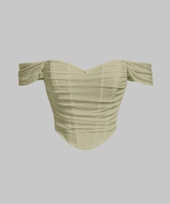 Off Shoulder Ruched Textured Solid Crop Top in Green