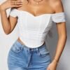 Off Shoulder Ruched White Mesh Top