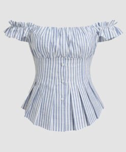 Off Shoulder Striped Button Down Top in Blue and White