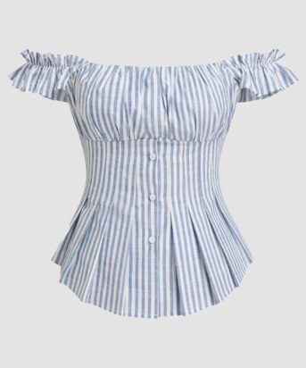 Off Shoulder Striped Button Down Top in Blue and White