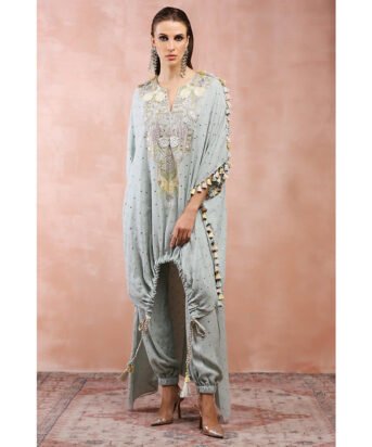 Hello Hi Powder Blue Applique Embroidered High Low Kaftan with Jogger Pants (Set of 2)